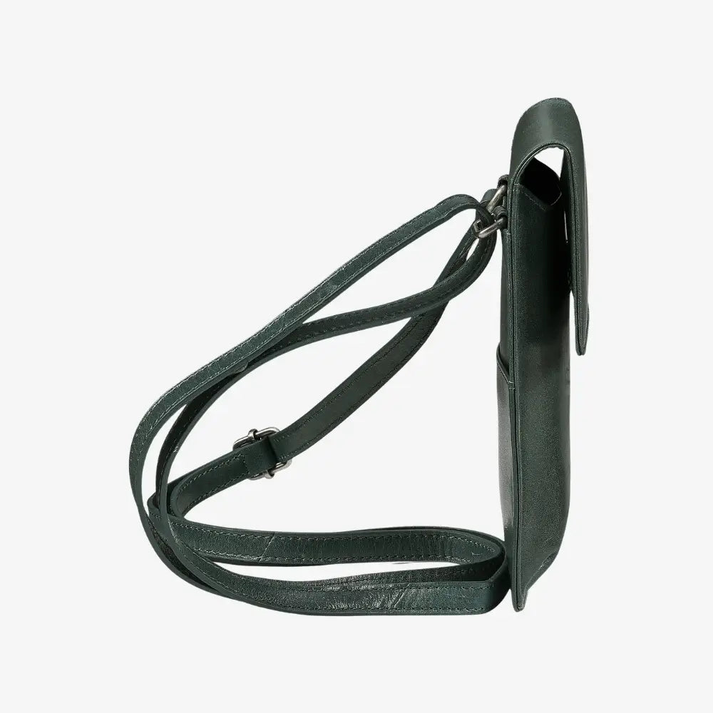 teal leather crossbody bag on a white background