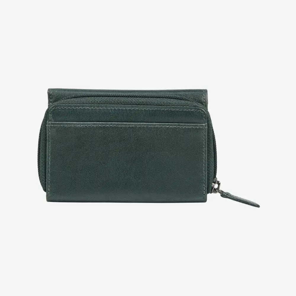 Teal  wallet with multiple compartments on a white background