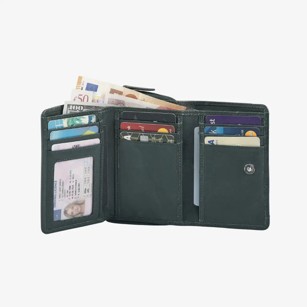 Open Teal wallet with money and cards on a white background