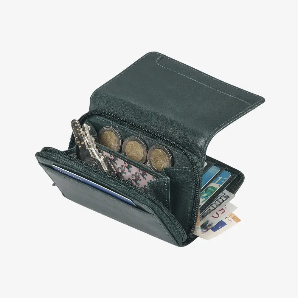 Teal wallet with compartments for coins, cards, and a pen on a white background