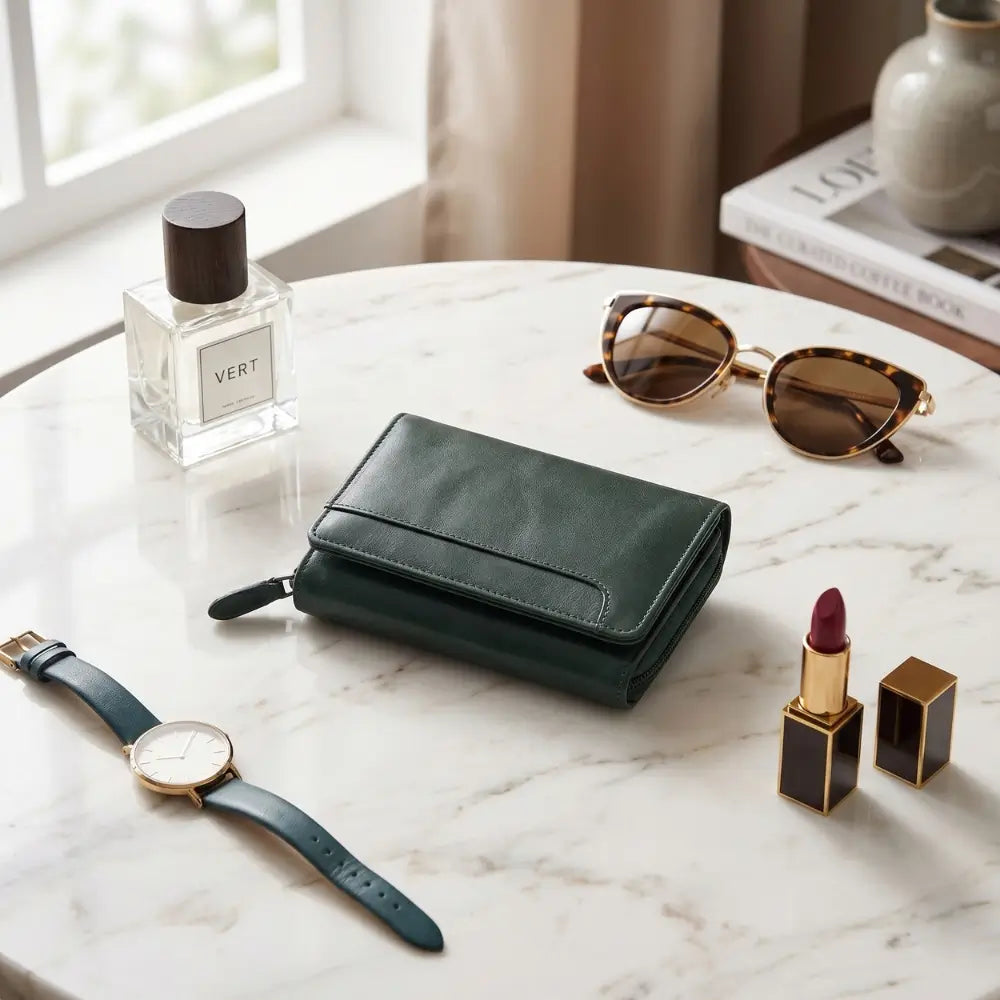 Teal  wallet, watch, sunglasses, lipstick, and perfume bottle on a marble surface.