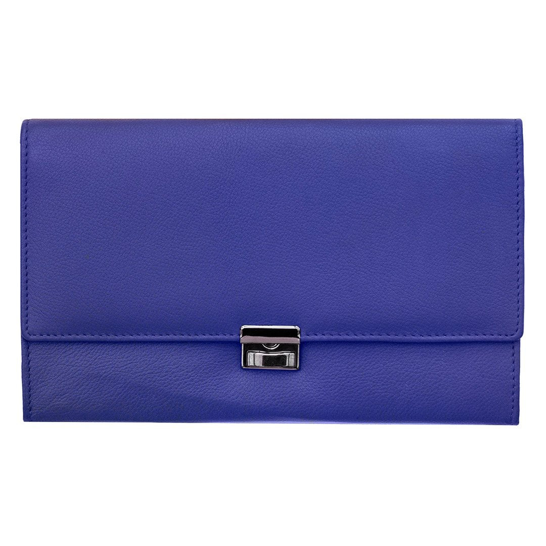 a purple leather travel wallet