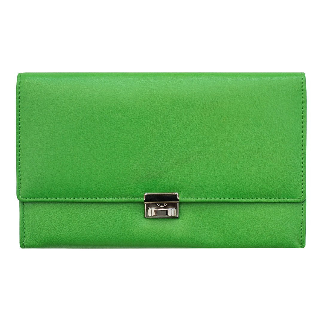 a green leather travel wallet with a centre metal button