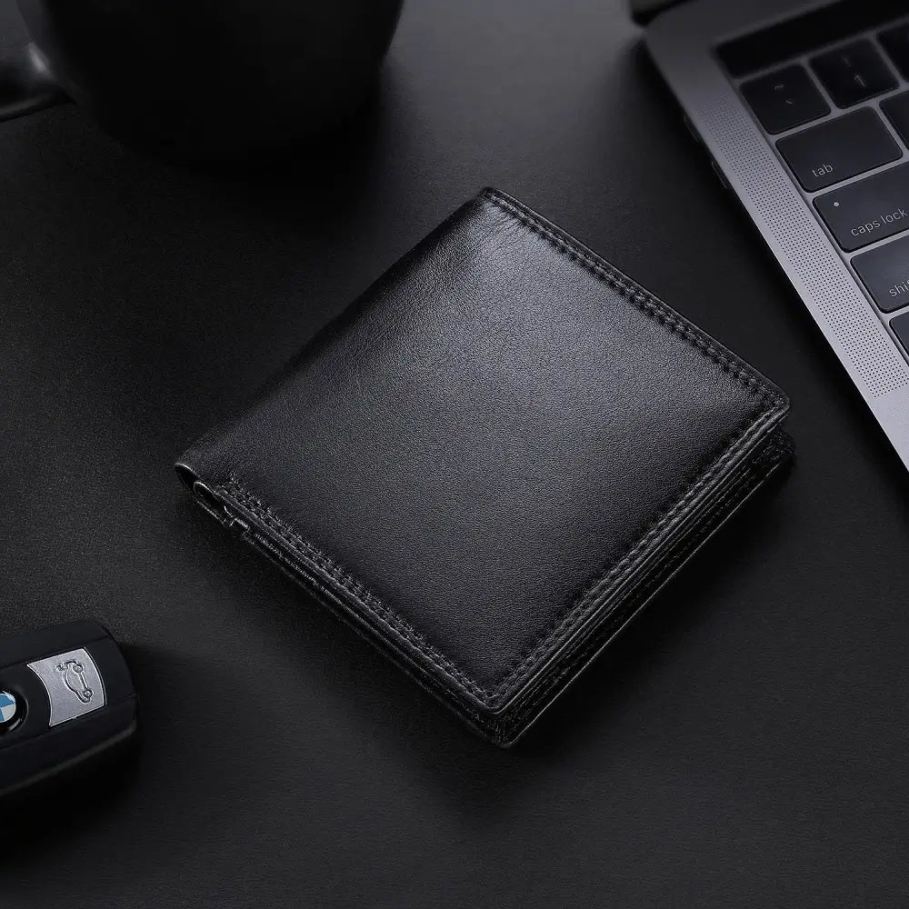 Black leather RFID wallet with 8 card slots and coin pocket flat lay iew