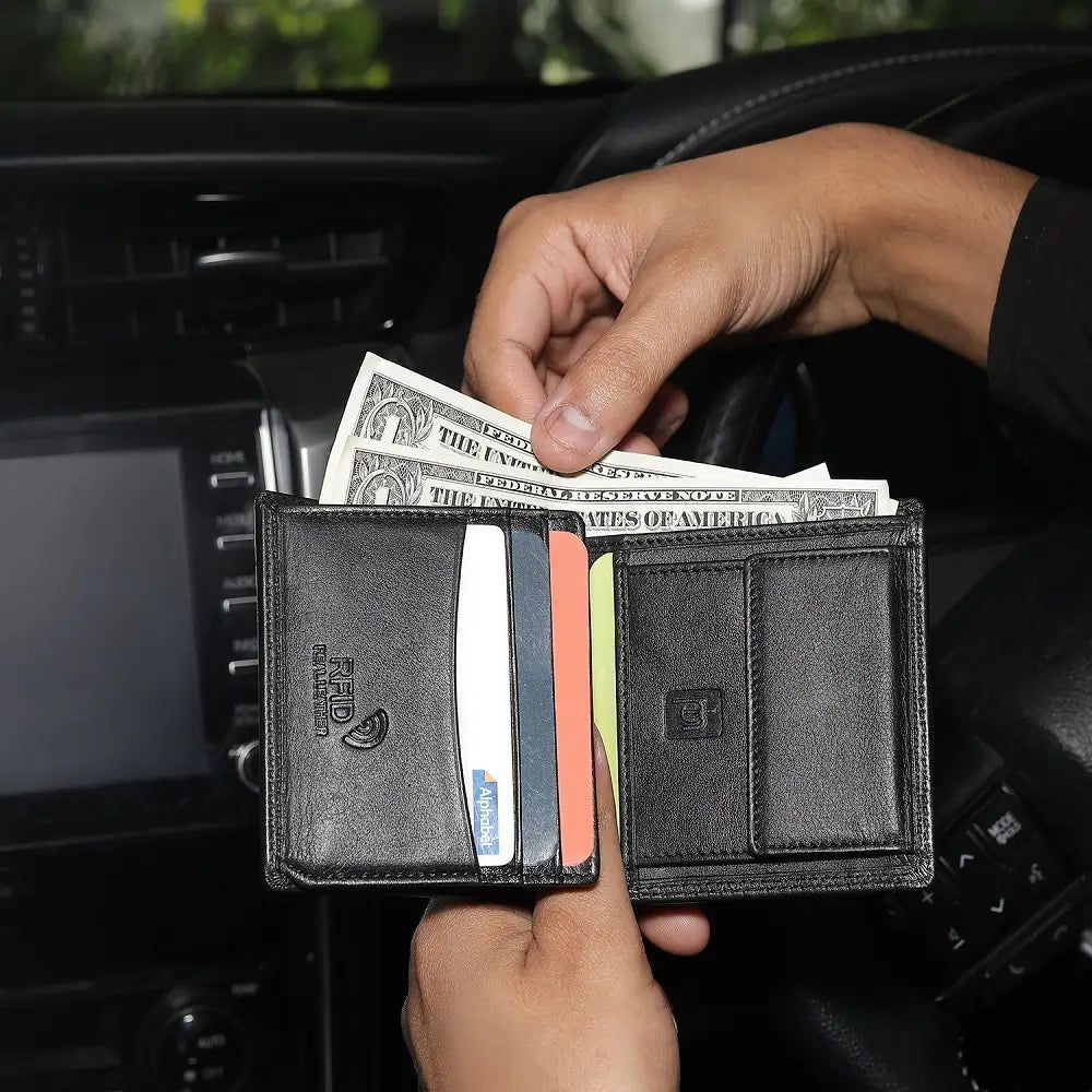 Close up of 8 card slots and ID windows inside RFID wallet