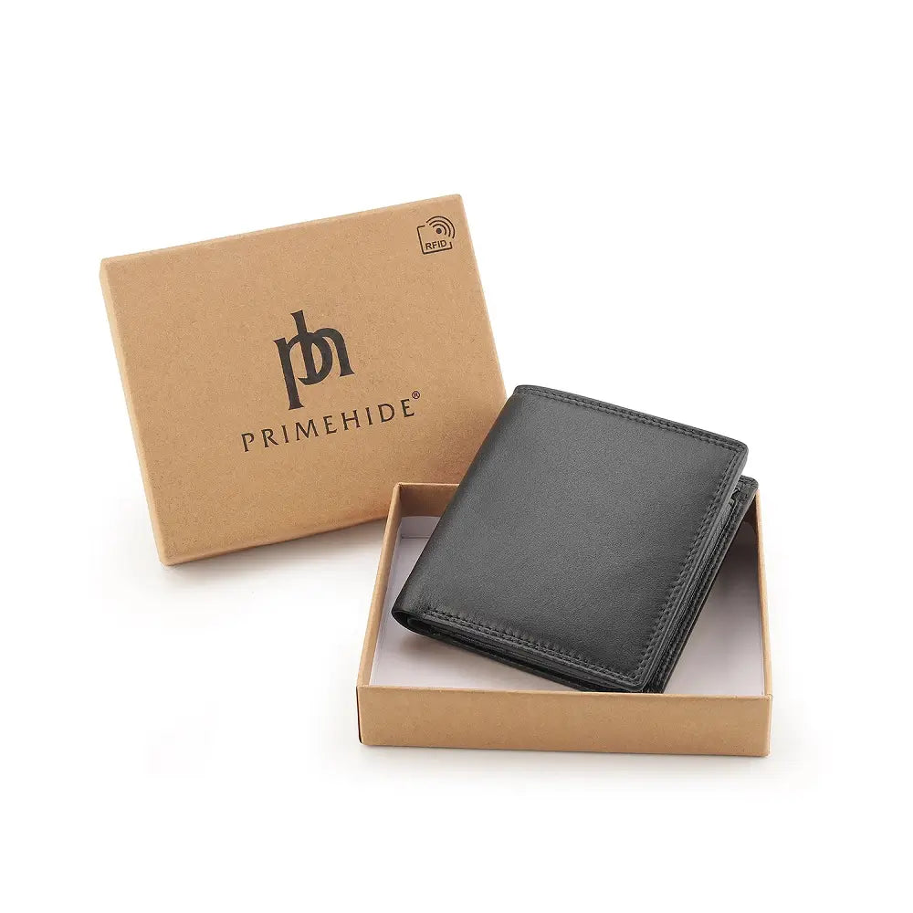 Black Leather RFID wallet presented in gift box packaging