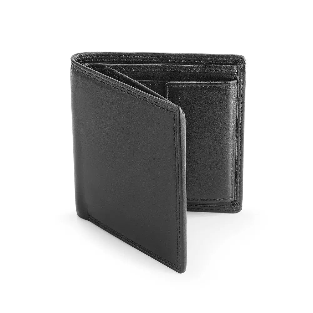 Side view of black leather wallet showing slim 9.5cm profile