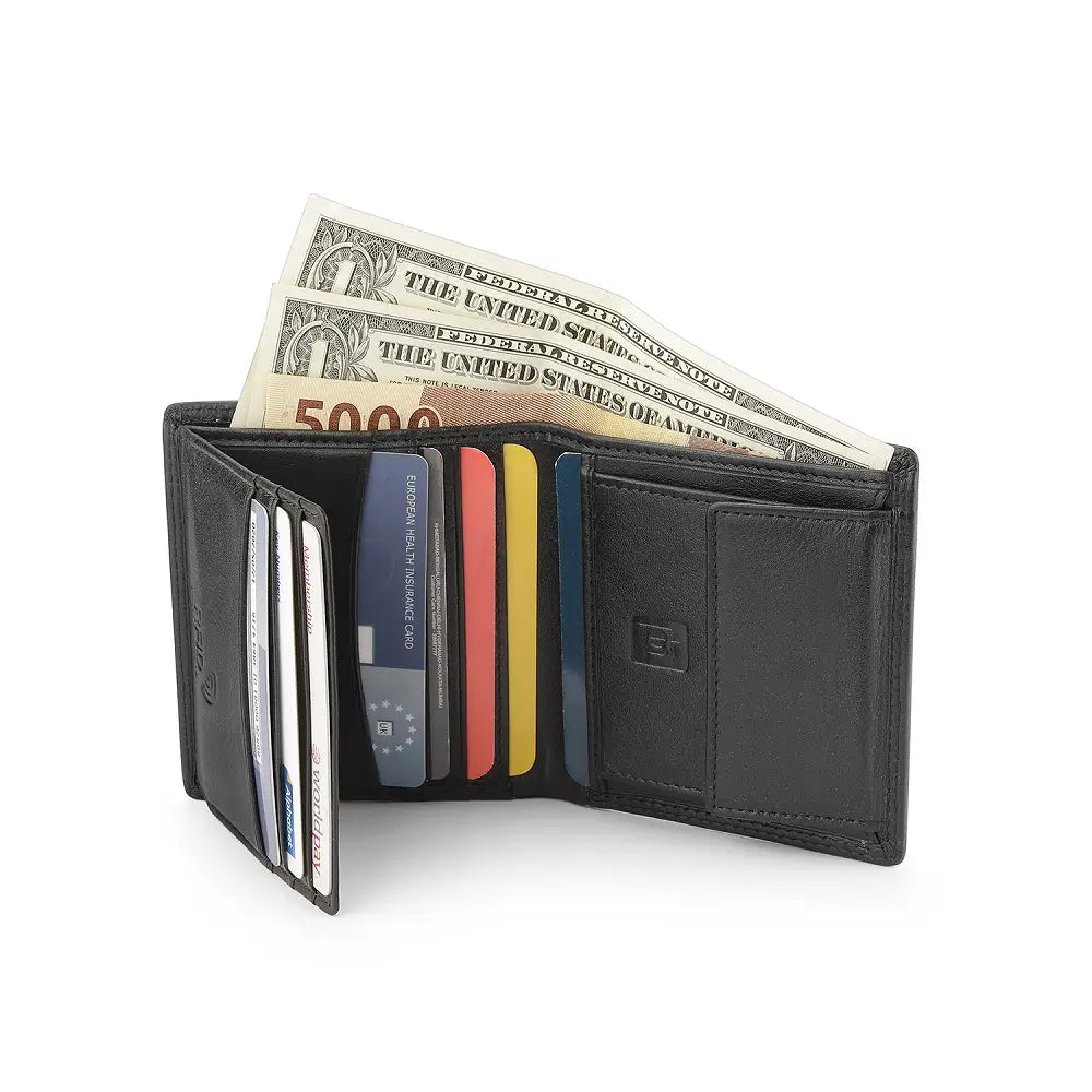 Interior of black leather RFID wallet showing 8 card slots and ID windows