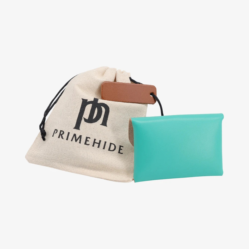 Back view of turquoise leather coin purse with textured finish and branded pouch