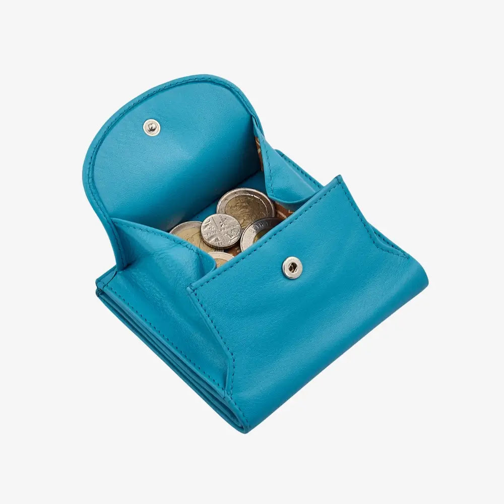 Turquoise leather coin tray wallet with card slots and note section