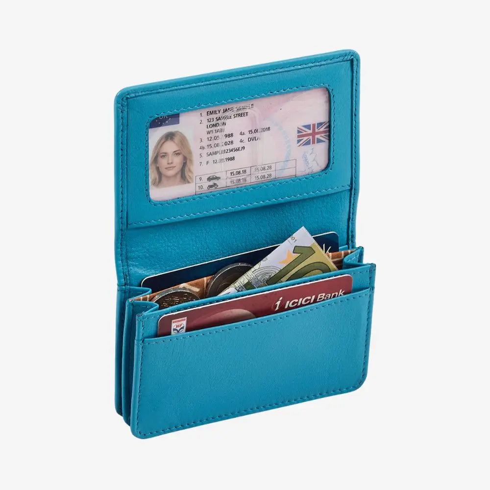 Turquoise wallet with various cards and a photo inside on a white background