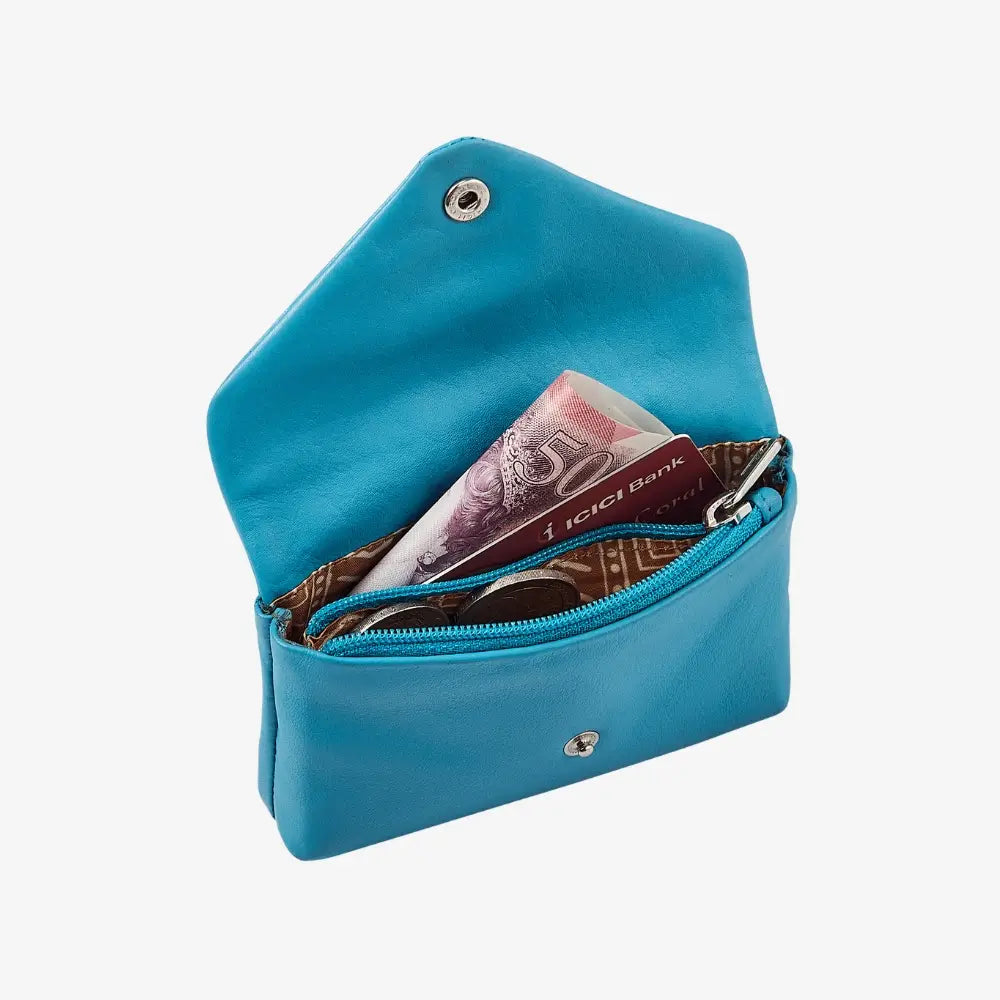Turquoise real leather envelope coin wallet with note section