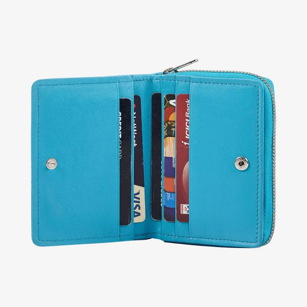 Turquoise real leather card holder with zipped coin compartment 