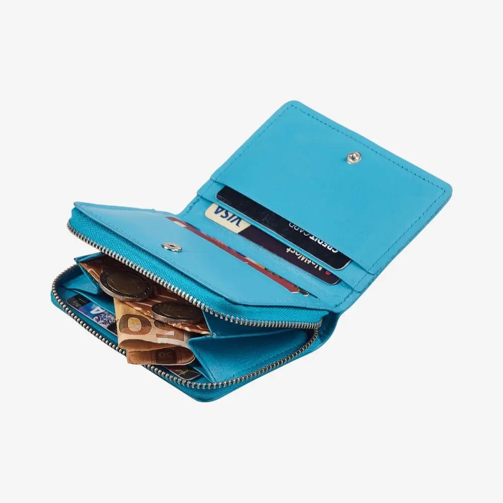 Turquoise leather zipped card holder with RFID protection