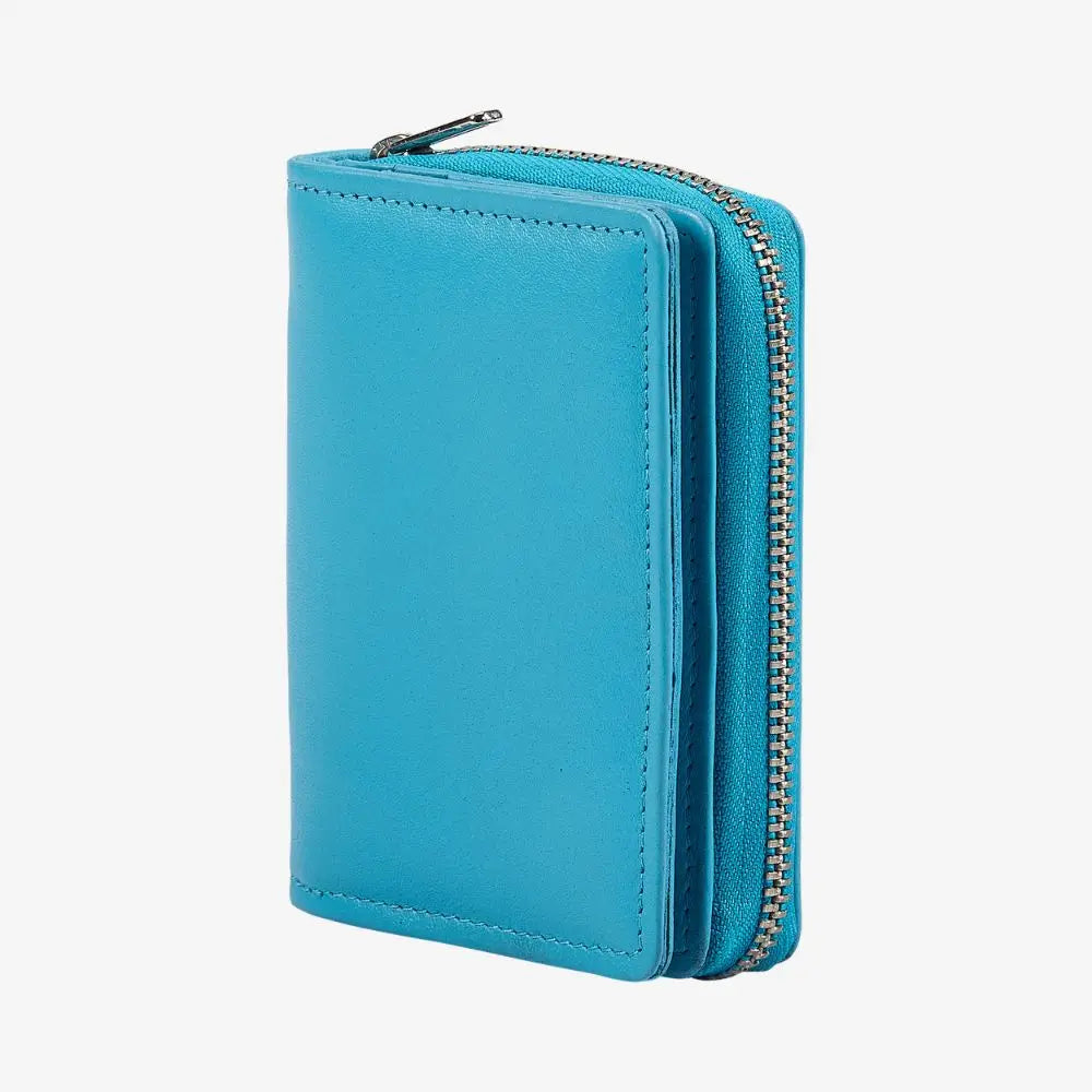 Turquoise wallet with a zipper on a white background