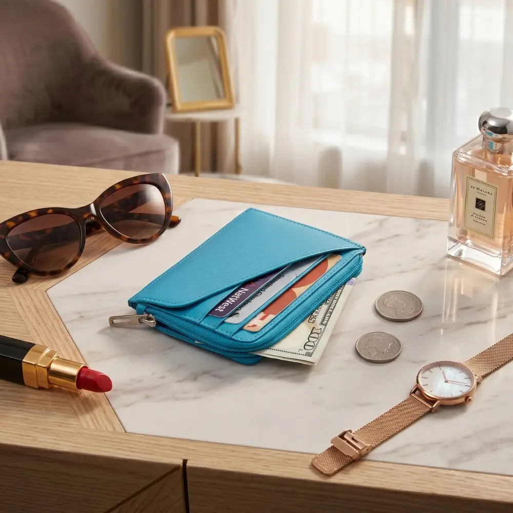 Turquoise  wallet with money, coins, and cards on a marble surface with sunglasses, lipstick, and a watch.