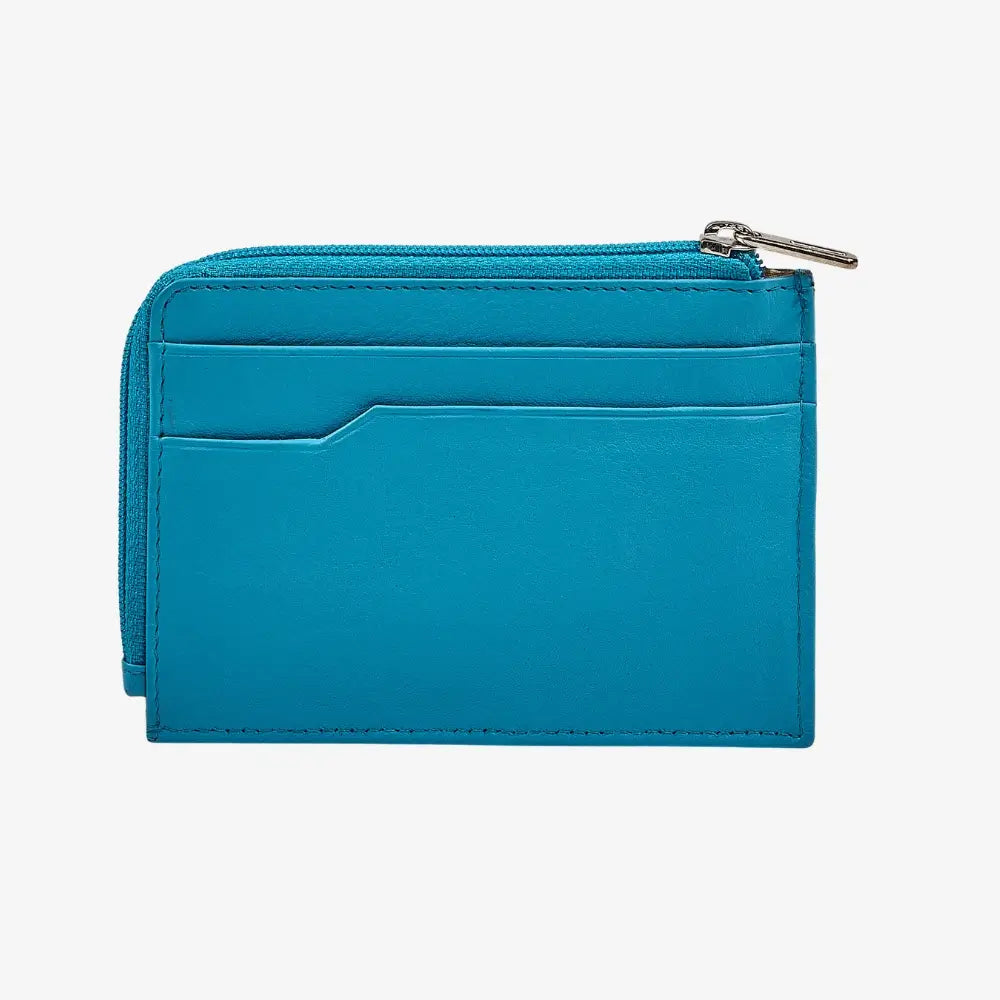 Turquoise real leather zip card holder with five card slots 