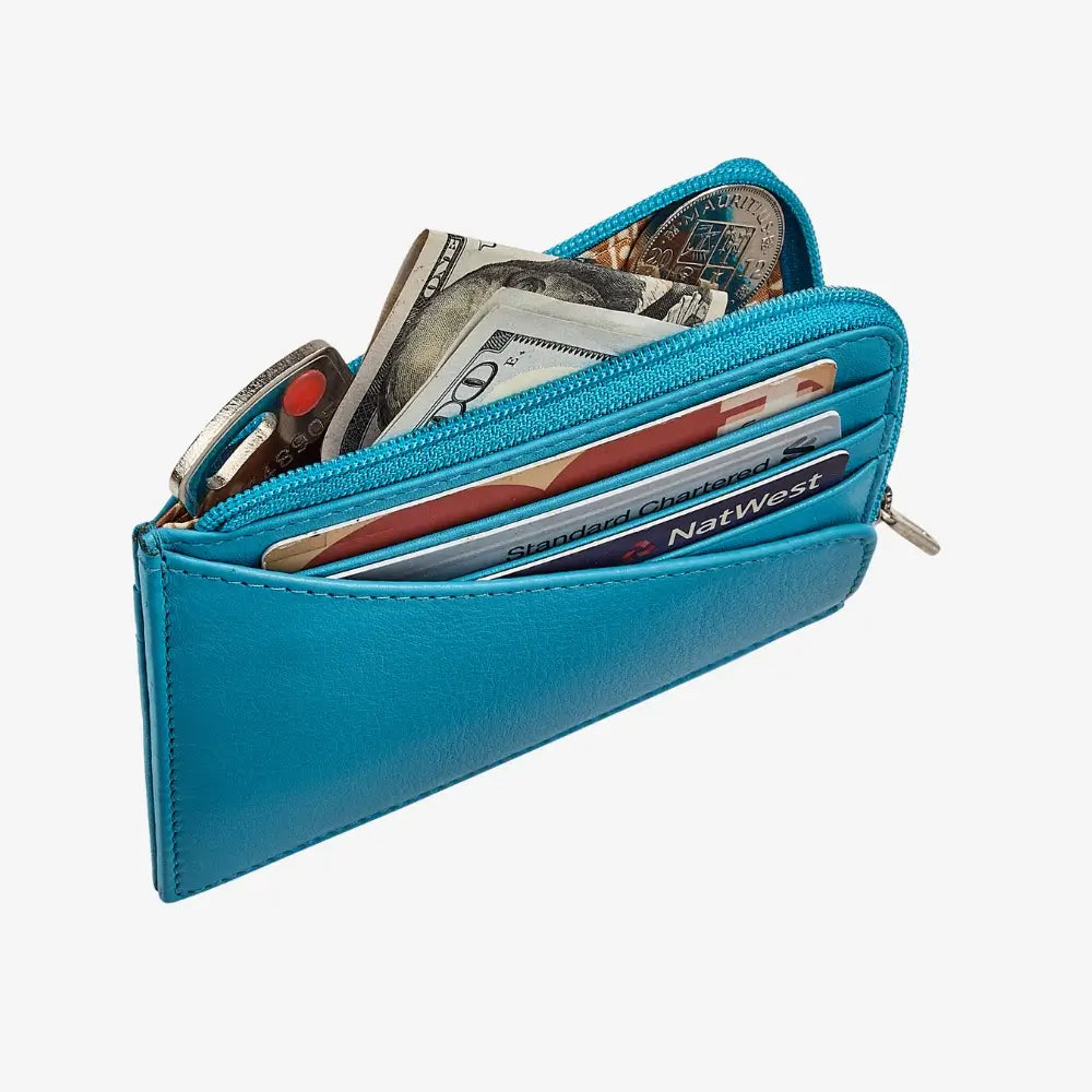 Turquoise leather zip wallet for women with secure coin pocket