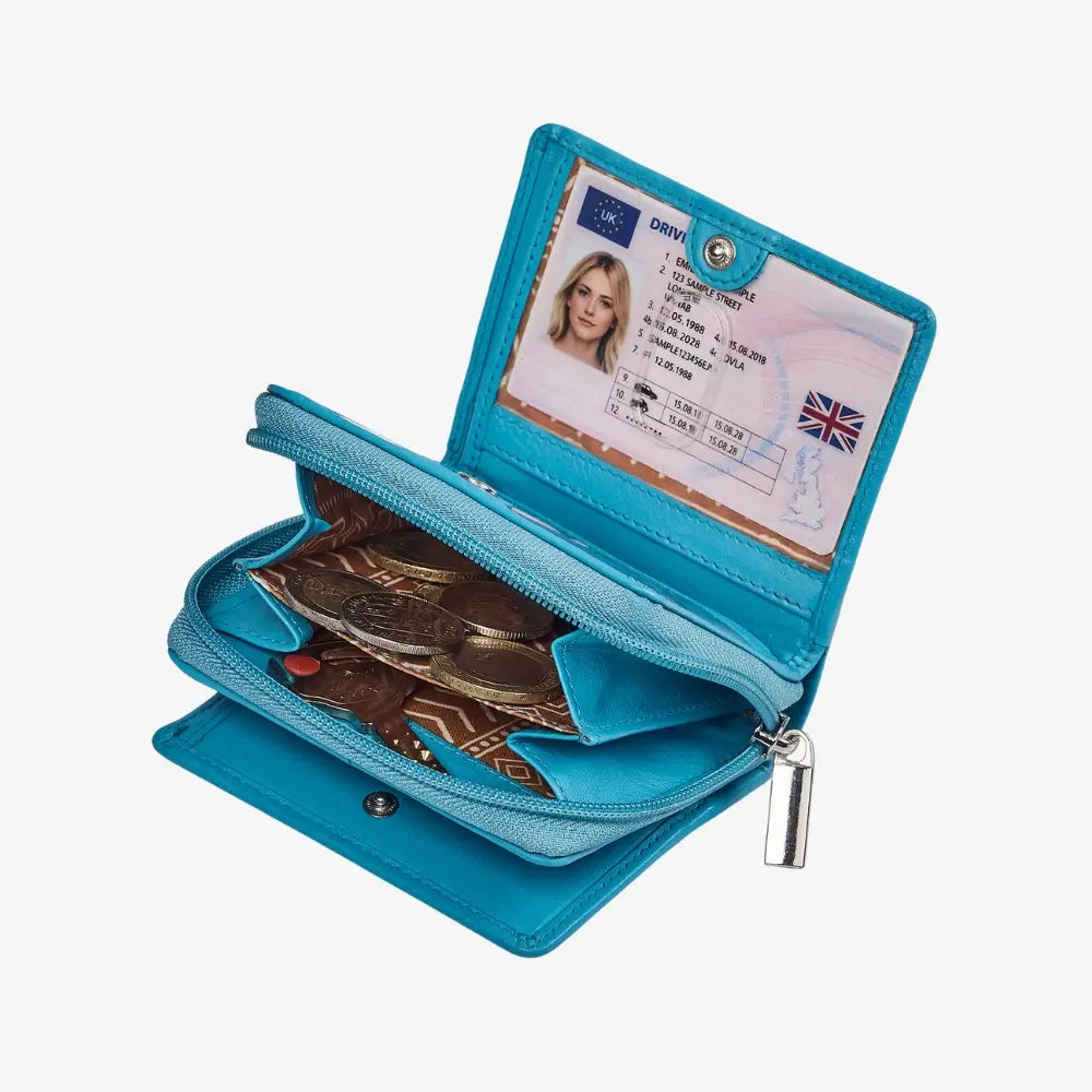 Turqupoise wallet with money, cards, and a driver's license on a white background
