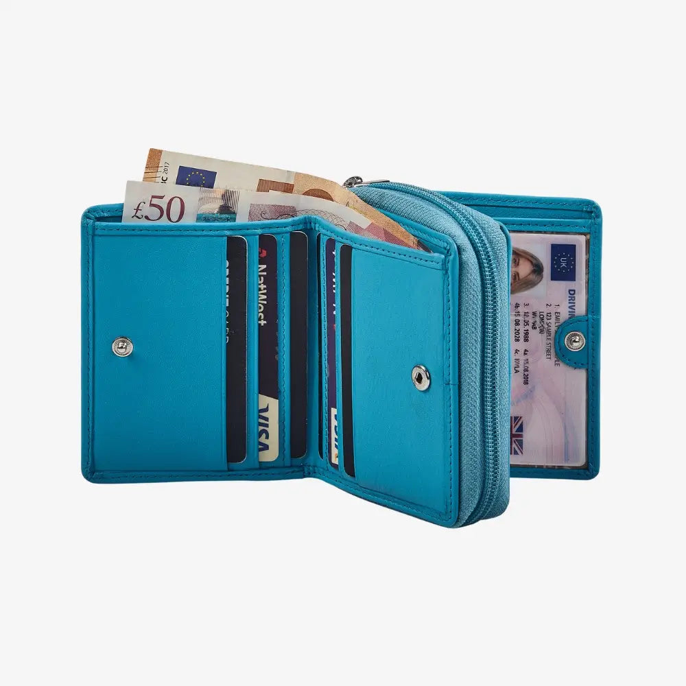 Turquoise wallet with money and cards on a white background