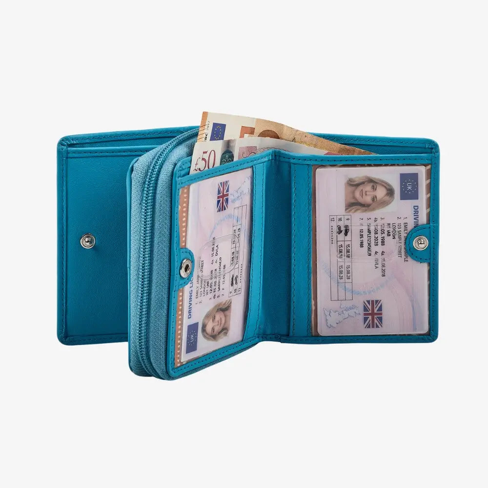 Turquoise wallet open to show cards, ID, and money on a white background