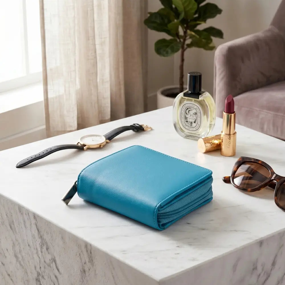 Turquoise leather wallet on a marble surface with accessories including a watch, lipsticks, and sunglasses.
