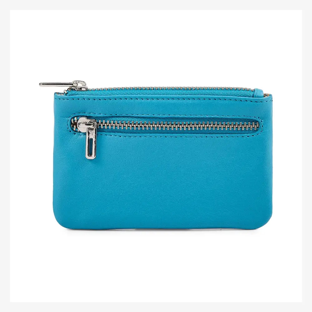 Real leather zip top coin purse for women in turquoise