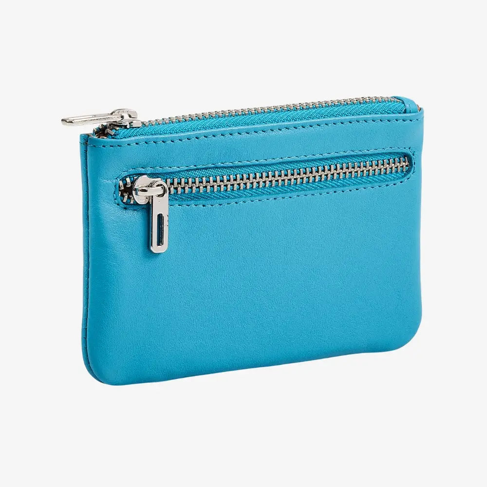 Turquoise real leather coin purse with twin zip compartments