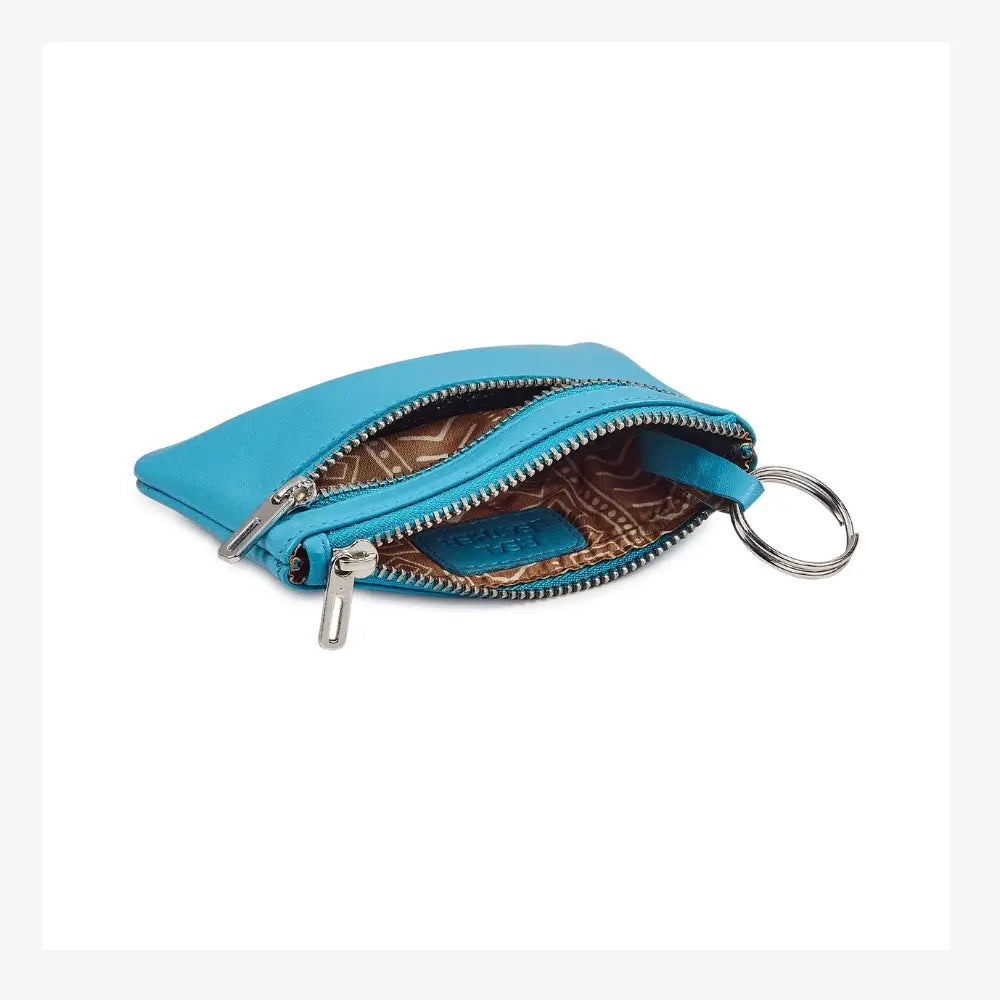 Blue zipper pouch with key ring on a white background