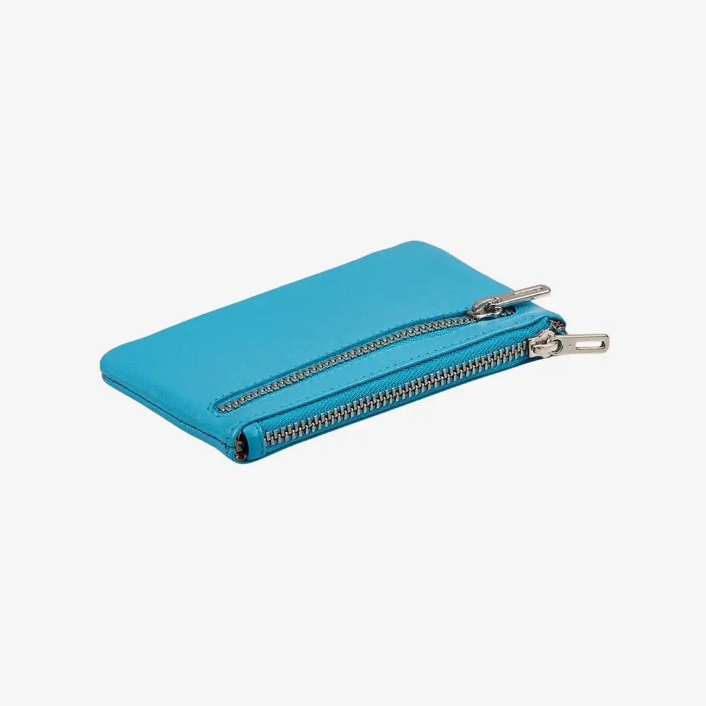 Turquoise wallet with a zipper on a white background