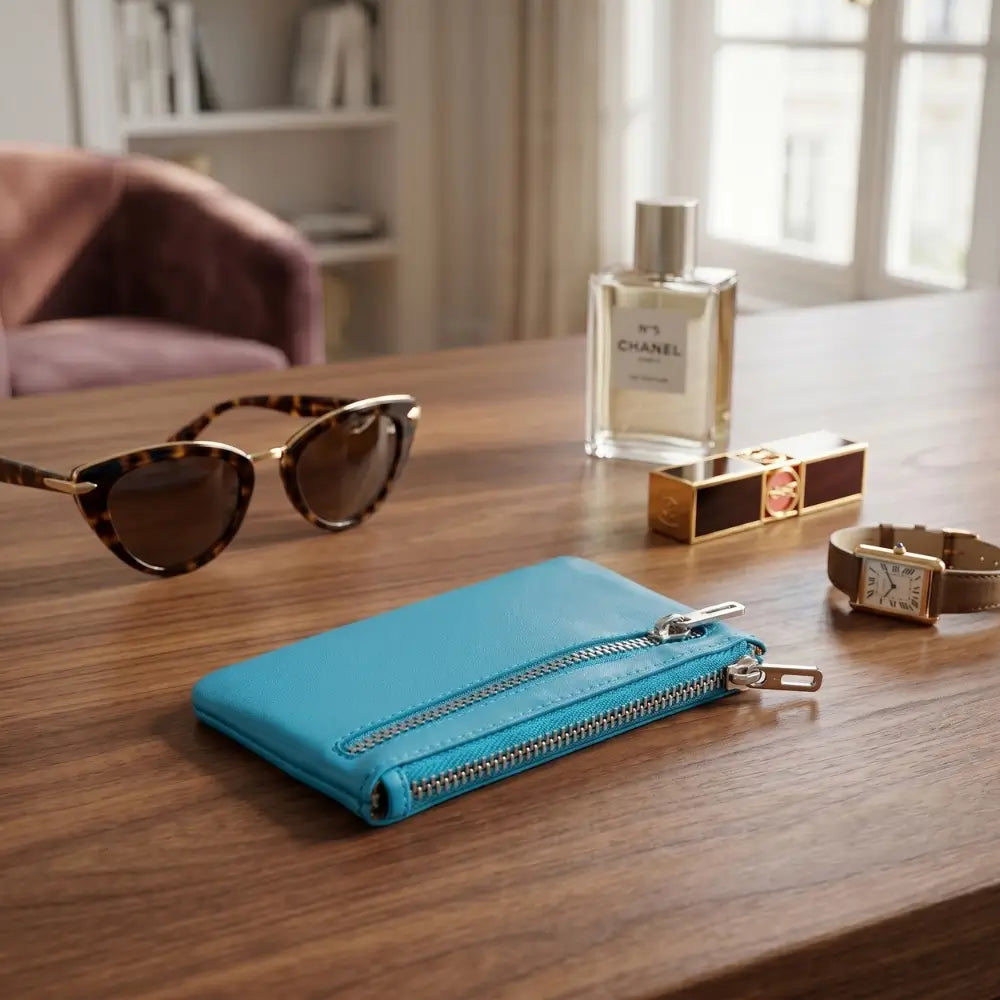 Turquoise wallet, sunglasses, and perfume bottle on a wooden surface with a blurred background