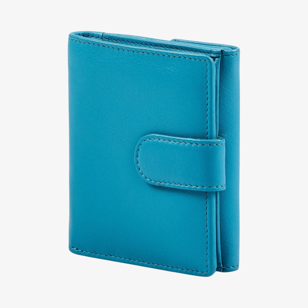 Turquoise ladies leather wallet with buttoned coin pocket 