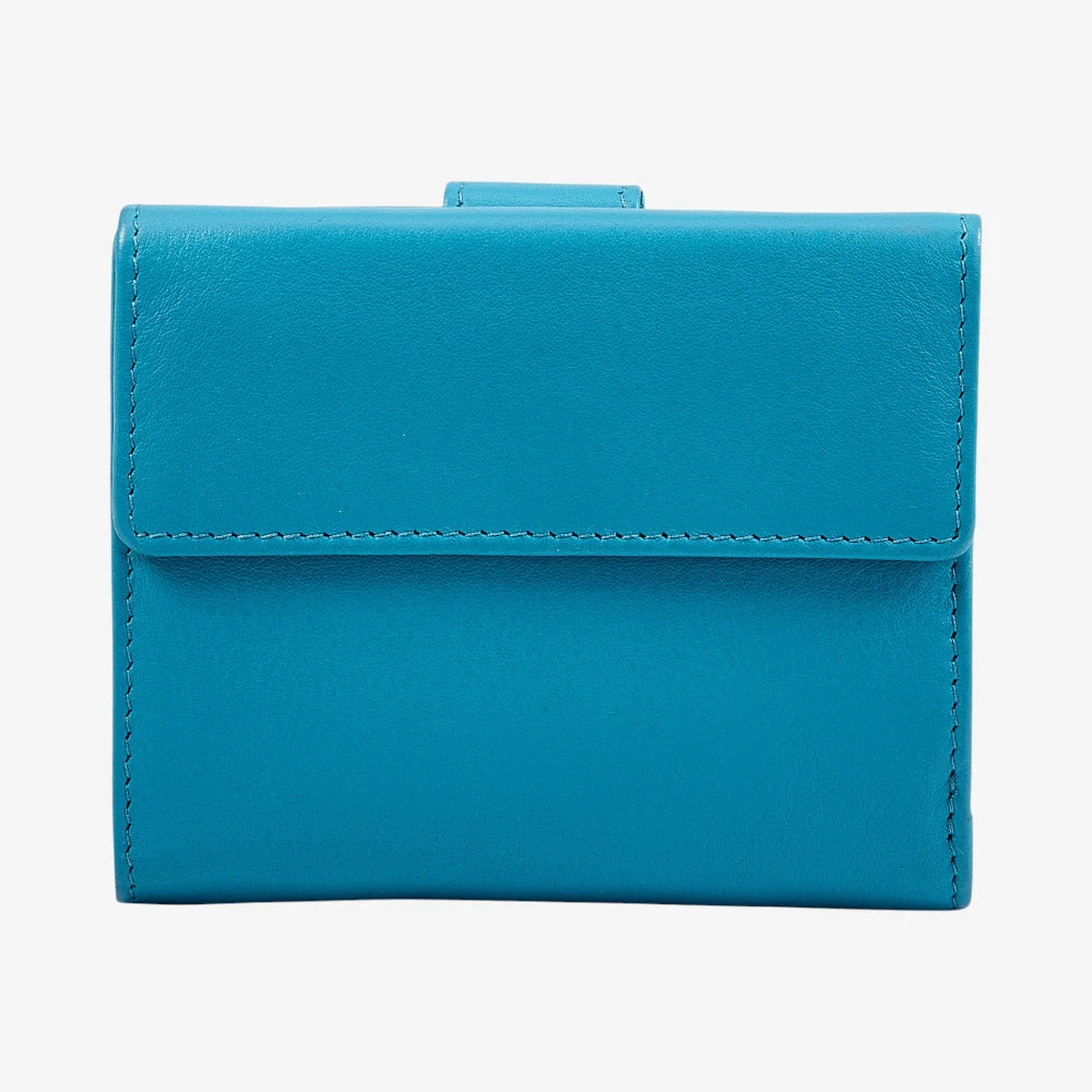 Turquoise ladies leather wallet with buttoned coin pocket 