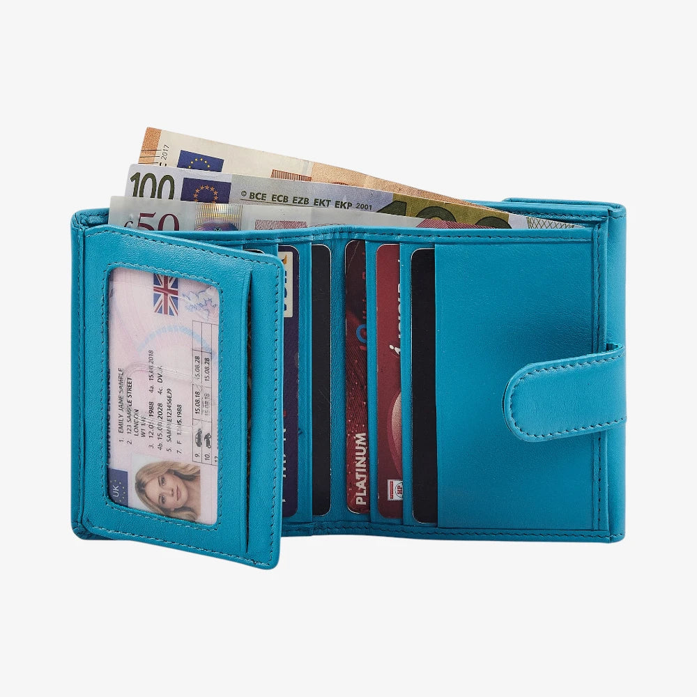 Real leather women's trifold purse in turquoise with card slots
