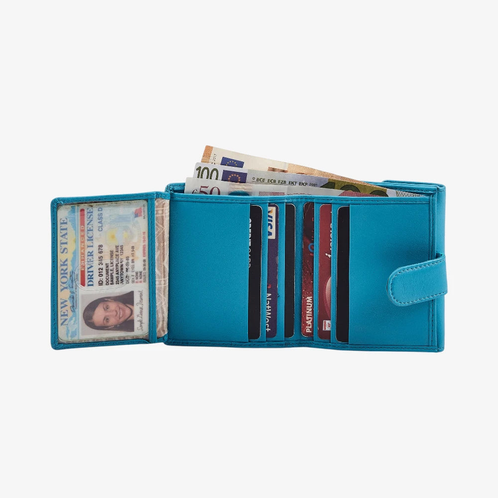 Compact turquoise leather purse for women with elegant trifold 
design 