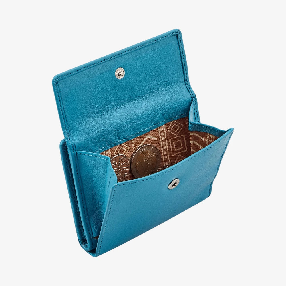 Turquoise ladies leather wallet with buttoned coin pocket