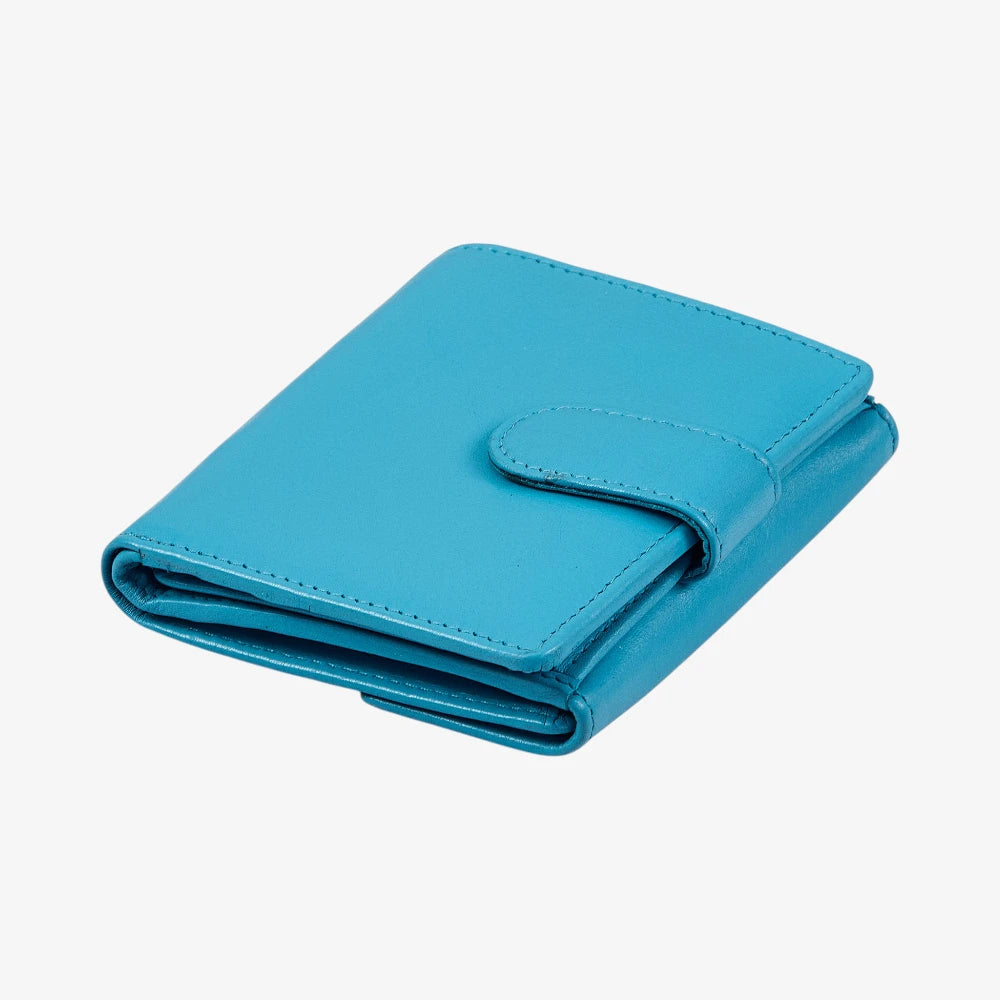 Turquoise ladies leather wallet with buttoned coin pocket