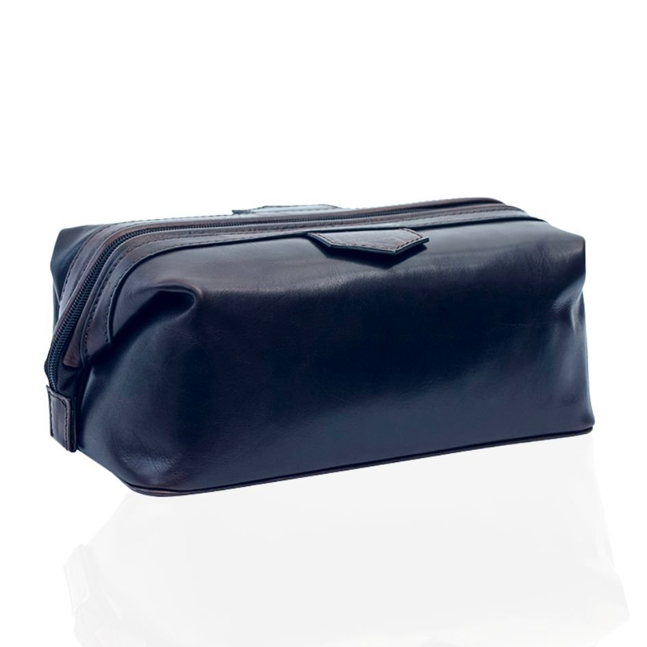 Navy toiletry bag on a white background