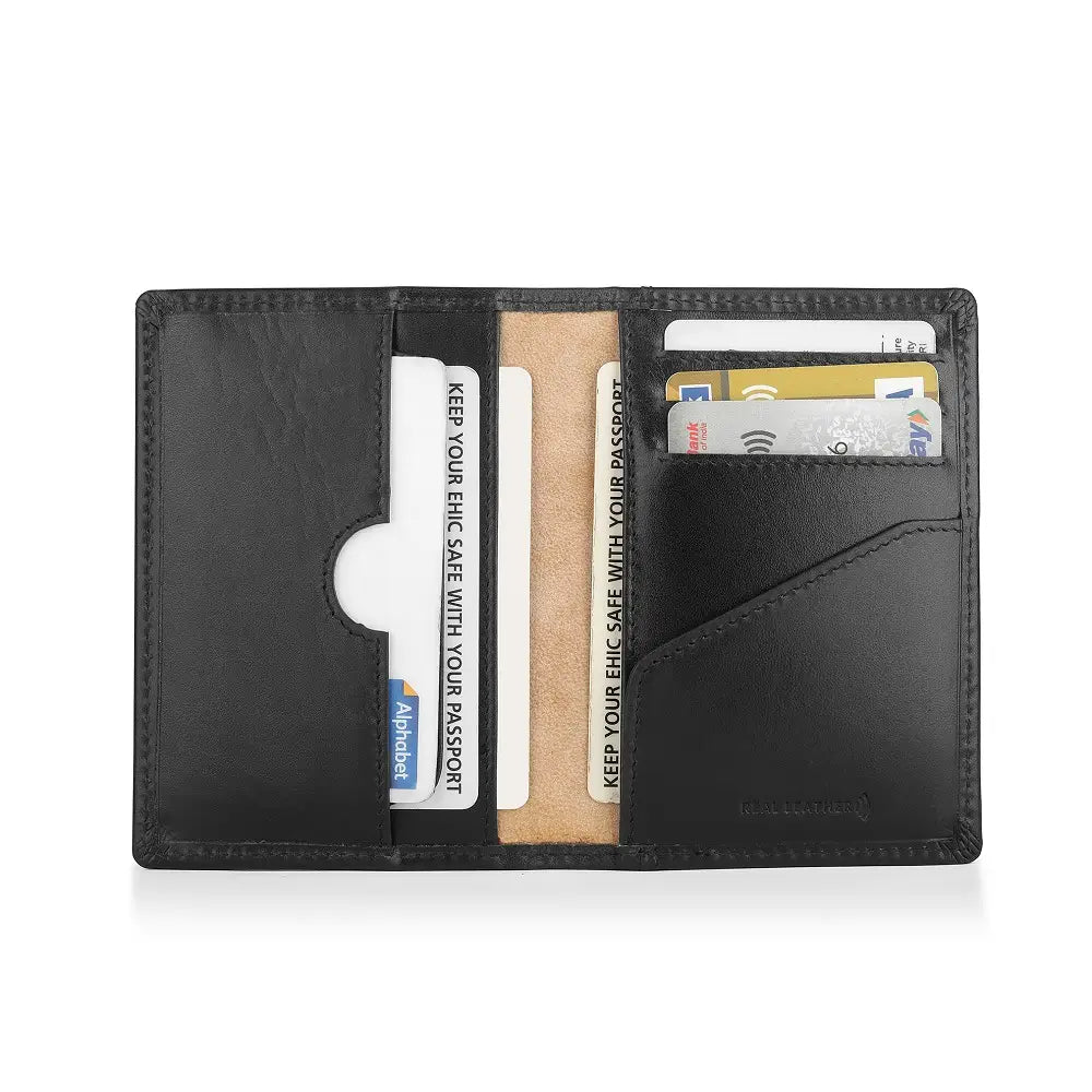 Black wallet with card slots and a visible brand logo on a white background