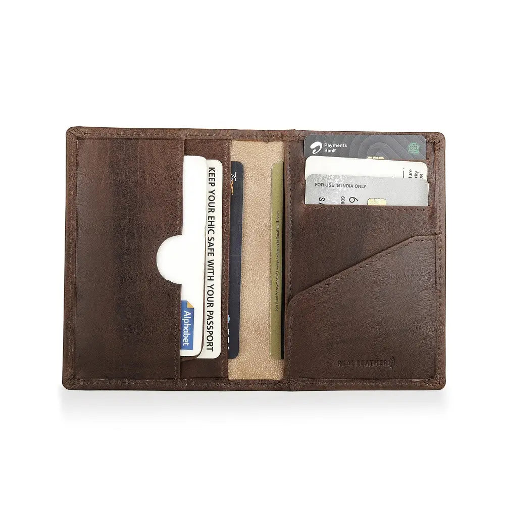 Brown leather wallet with card slots on a white background
