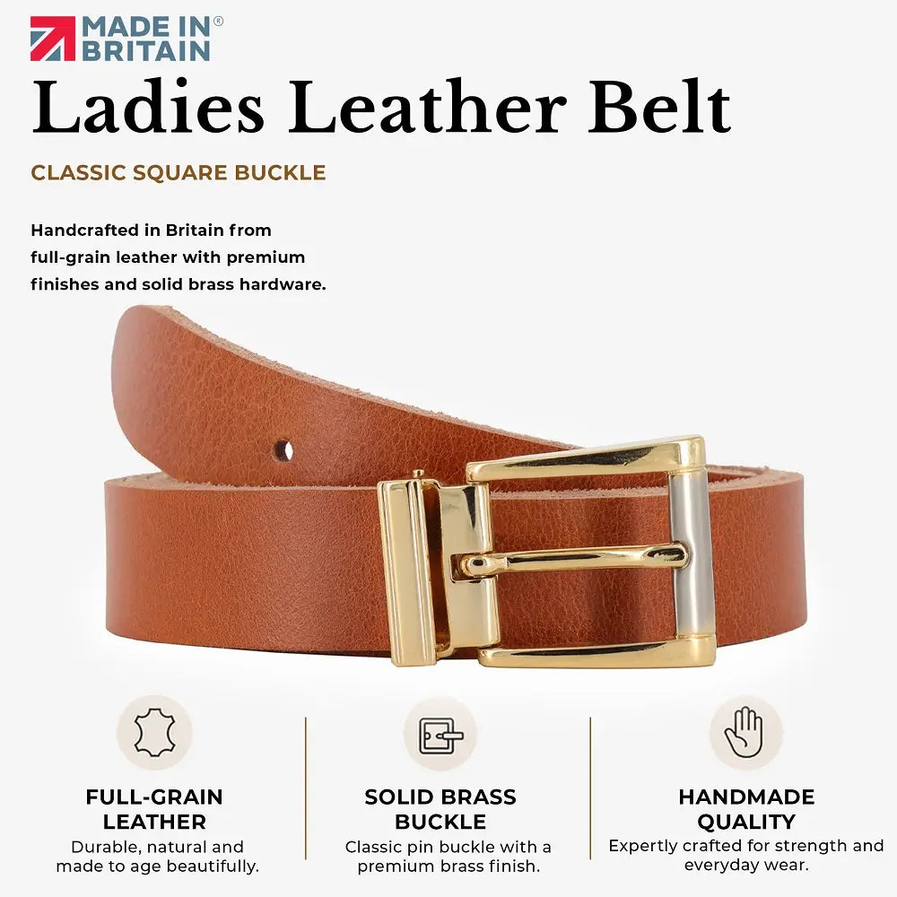  Tan womens signature frame leather belt on agrey background