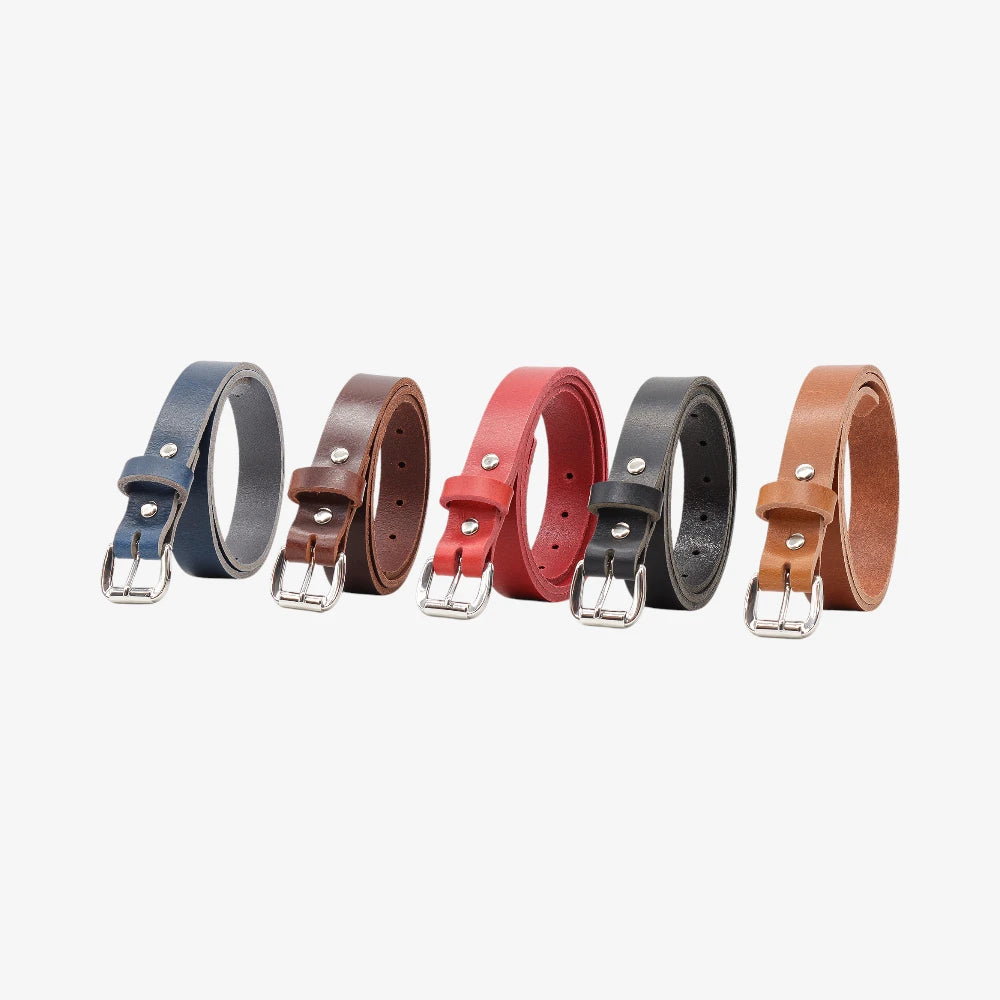 Five leather belts in different colors arranged in a row on a white background