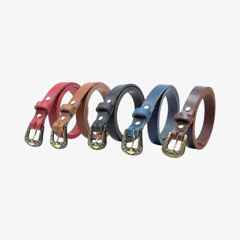 Group of  leather women slim belt antique brass horse buckle on a grey background