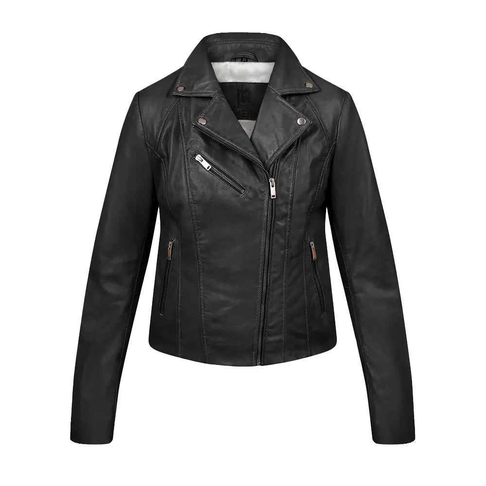 Women's Black Leather Asymmetric Biker Jacket – Yvonne