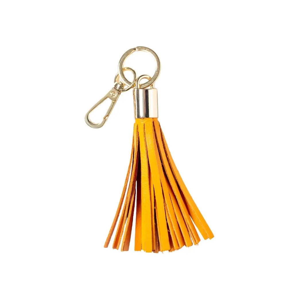 Yellow keychain with gold clasp on a white background
