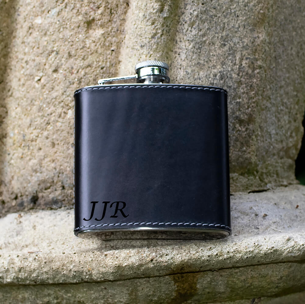 6oz Personalised Hip Flask with English Leather Sleeve
