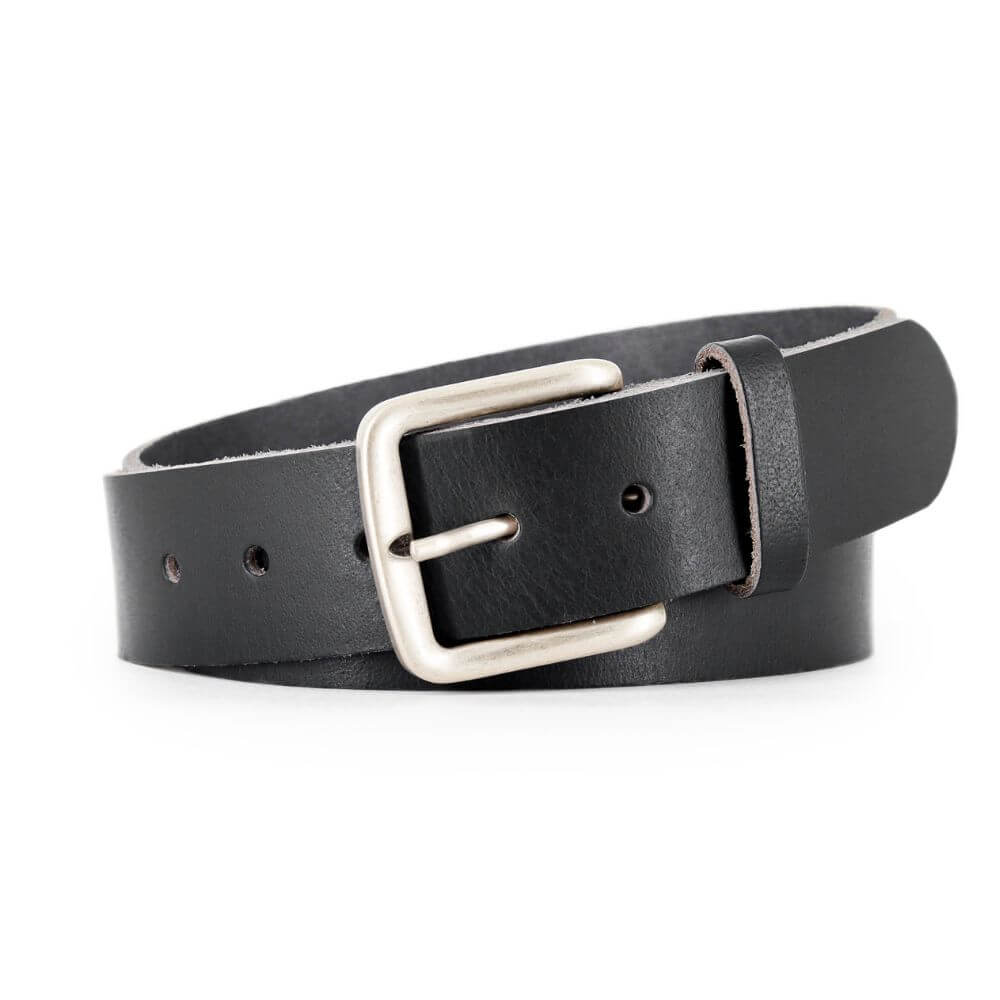 Black leather belt with a silver buckle on a white background