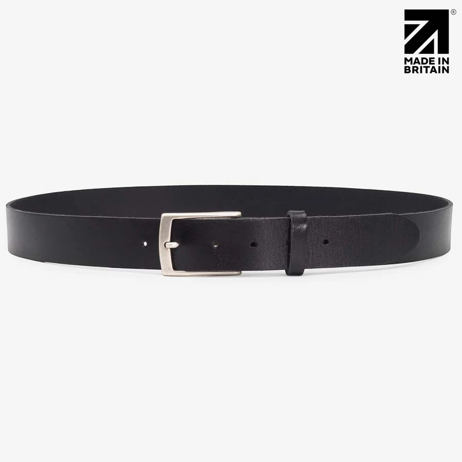 Black full-grain Italian leather belt handcrafted in Britain