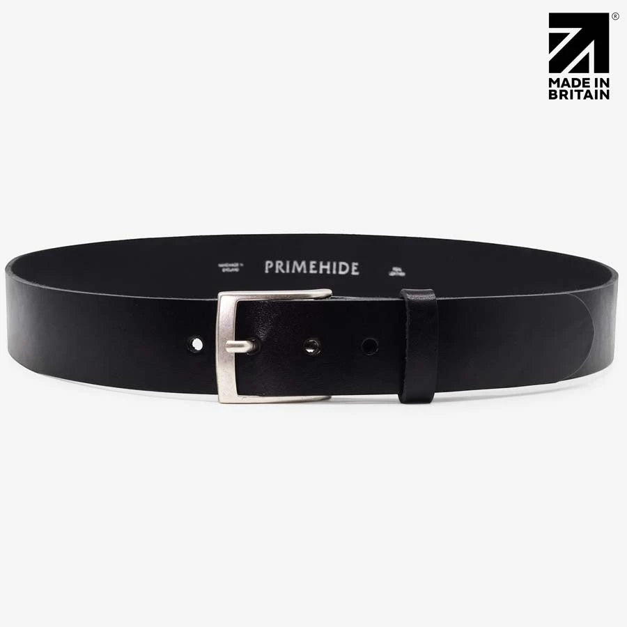 Black full-grain Italian leather belt handcrafted in Britain