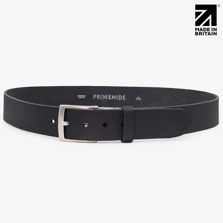 Black pebble grain leather belt handcrafted in Britain